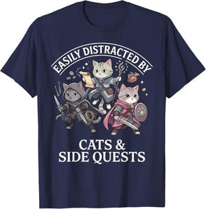 Easily Distracted by Cats Side Quests RPG Gamer Funny T-Shirt - T-Shirt | Navy