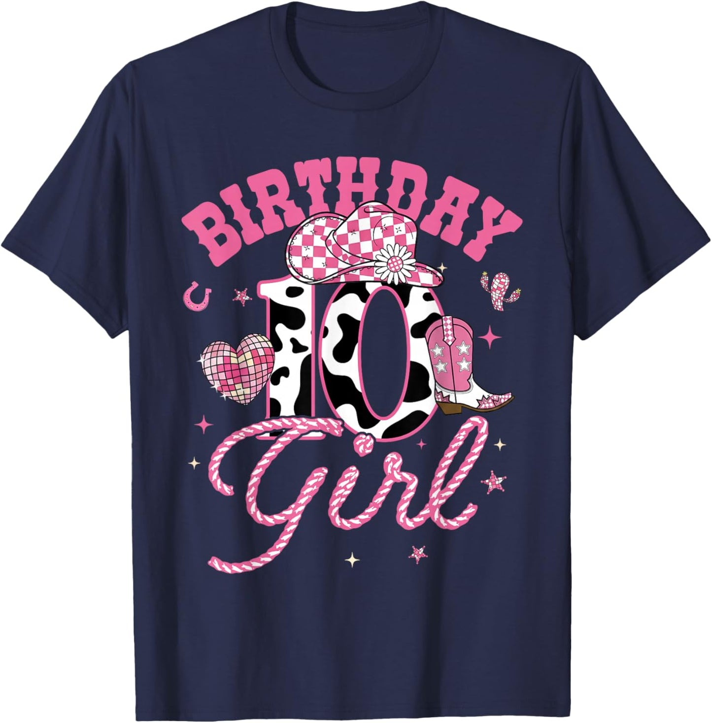 Kids 10 Year Old 10th Birthday Pink Cowgirl Birthday Girl T-Shirt - T-Shirt | Navy