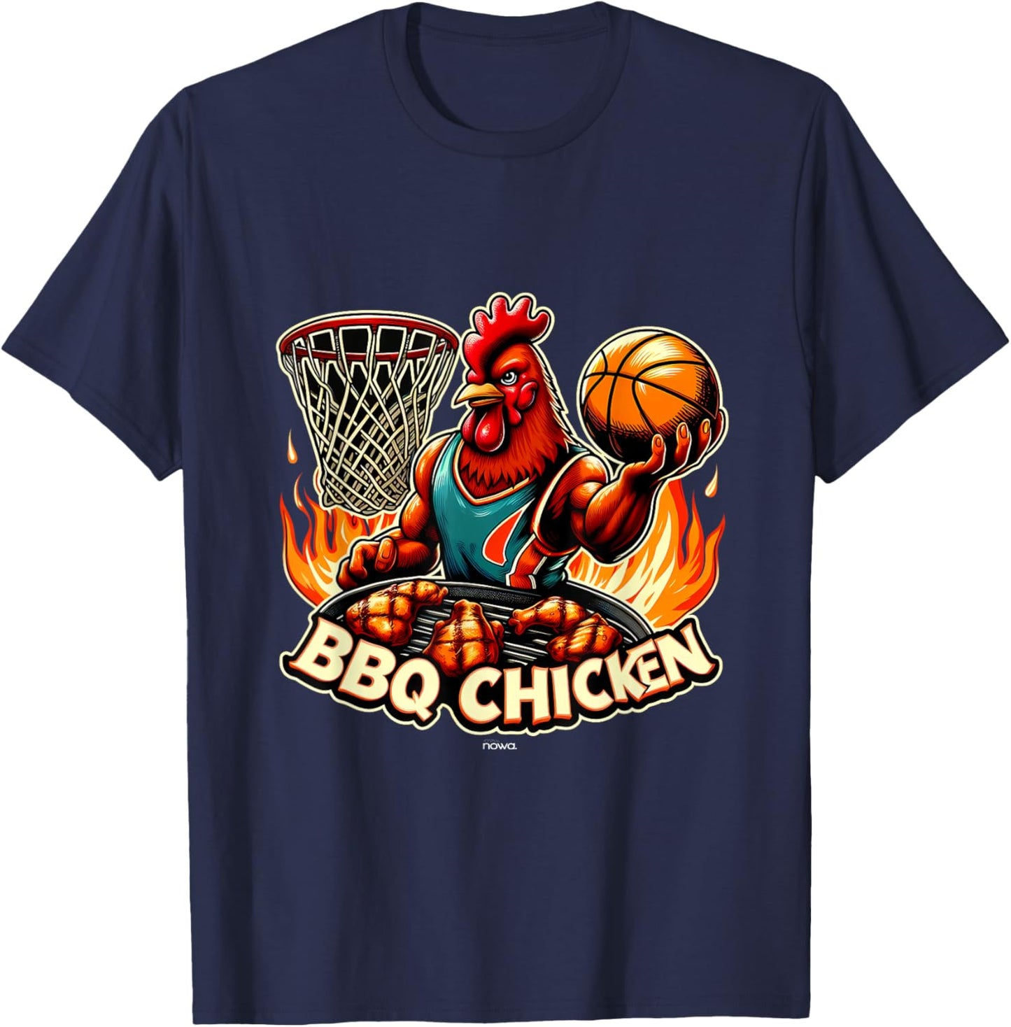 Bbq Chicken with Grill on Flames Playing Basketball T-Shirt - T-Shirt | Navy