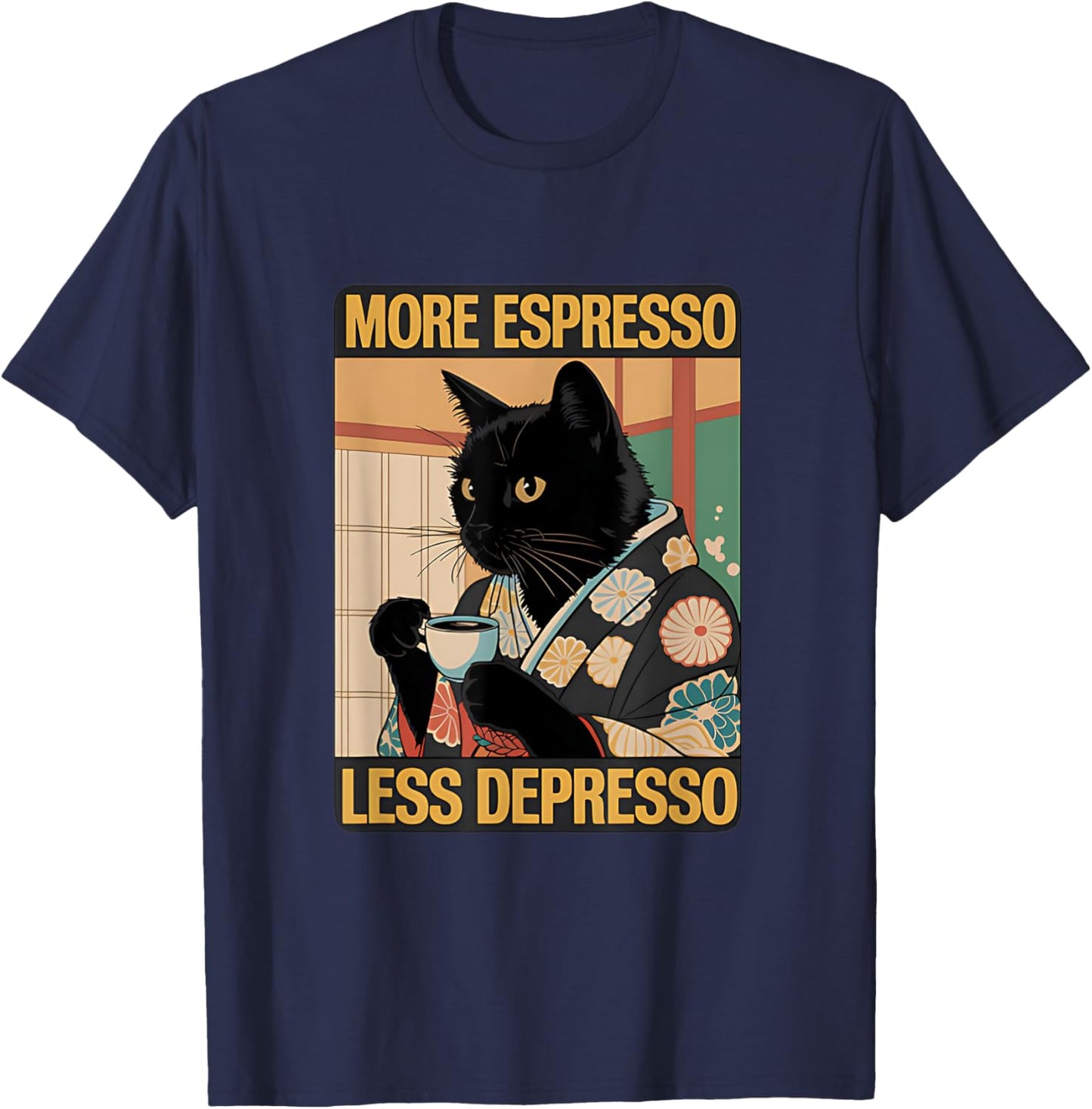More Espresso Less Depresso Japanese Funny Cat T-Shirt - T-Shirt | Navy