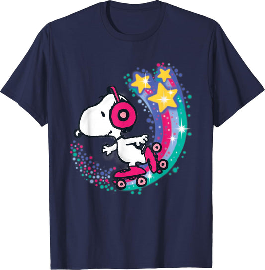 Peanuts Snoopy Roller Skating Star Powered Rainbow T-Shirt - T-Shirt | Navy