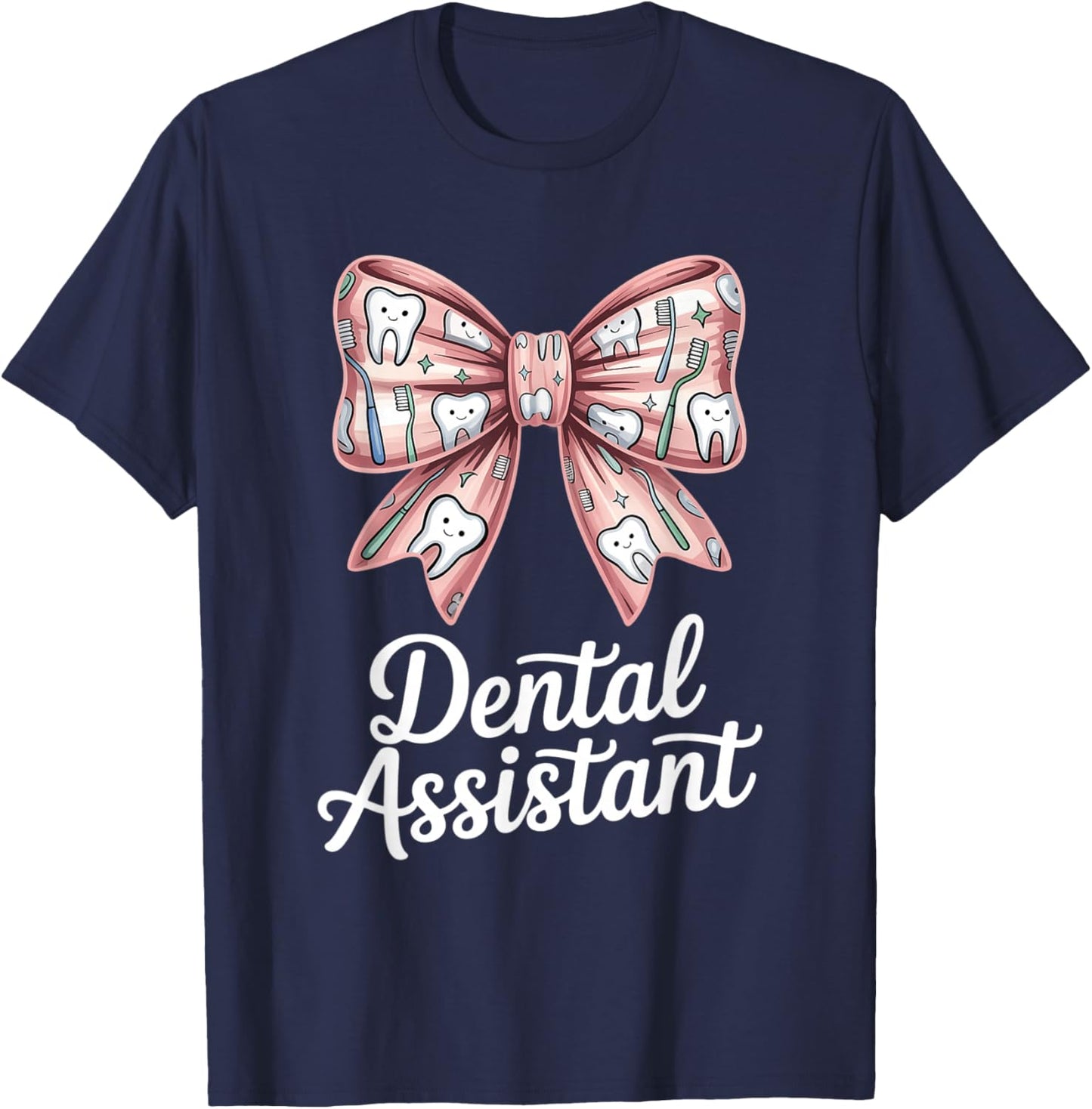 Cute Dental Assistant Bow with Toothbrush Pattern T-Shirt - T-Shirt | Navy