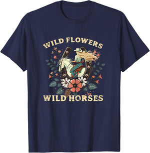 Wild Flowers Horses Vintage Equestrian Farm Women Girls Kids T-Shirt - T-Shirt | Navy