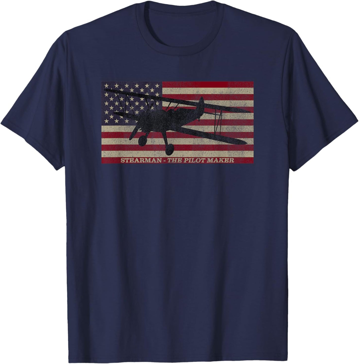 PT-13 Stearman American Biplane Pilot Trainer Vintage Flag T-Shirt - T-Shirt | Navy