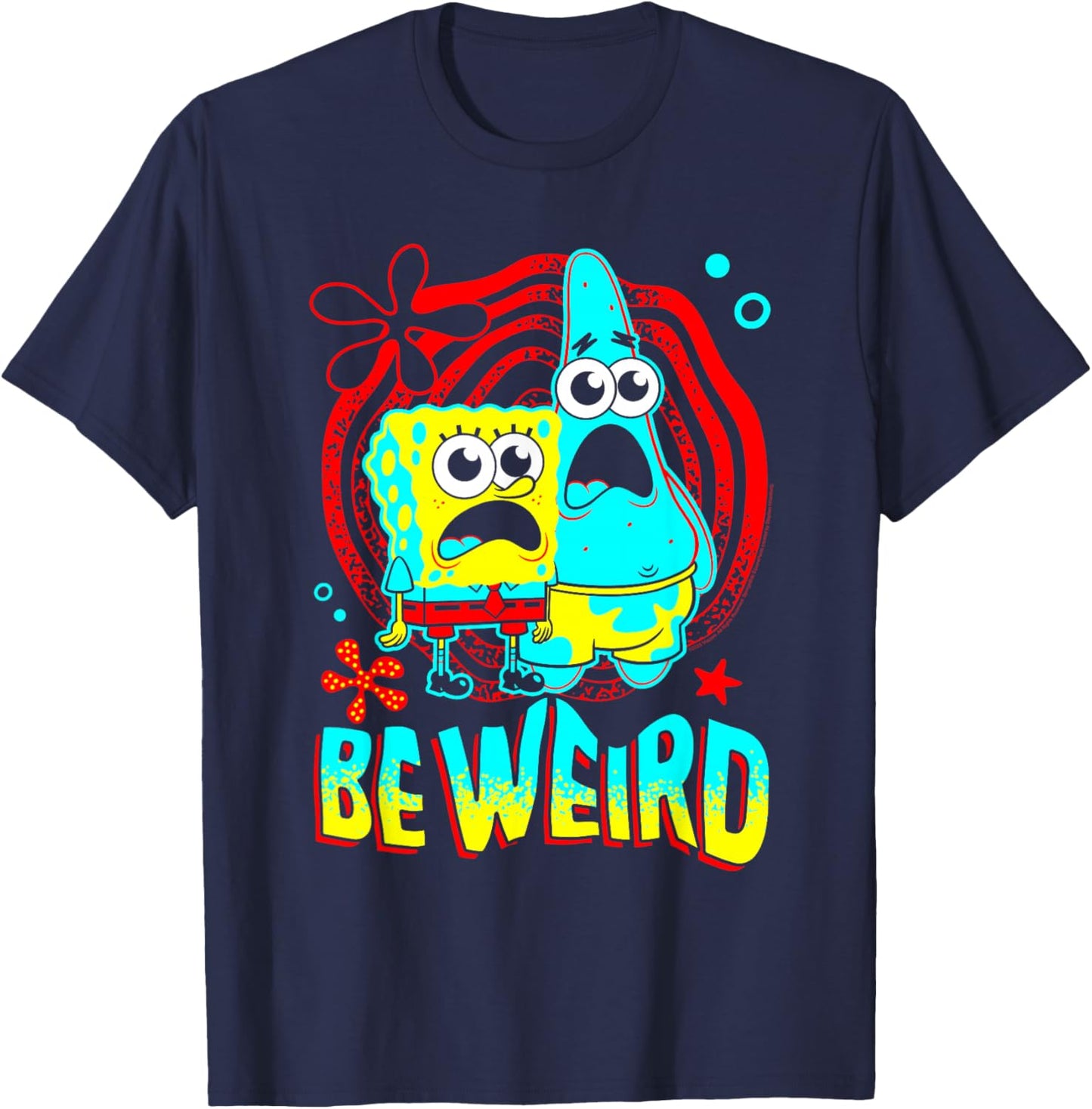 Spongebob and Patrick Be Weird Wavy Text Funny Cartoon T-Shirt - T-Shirt | Navy