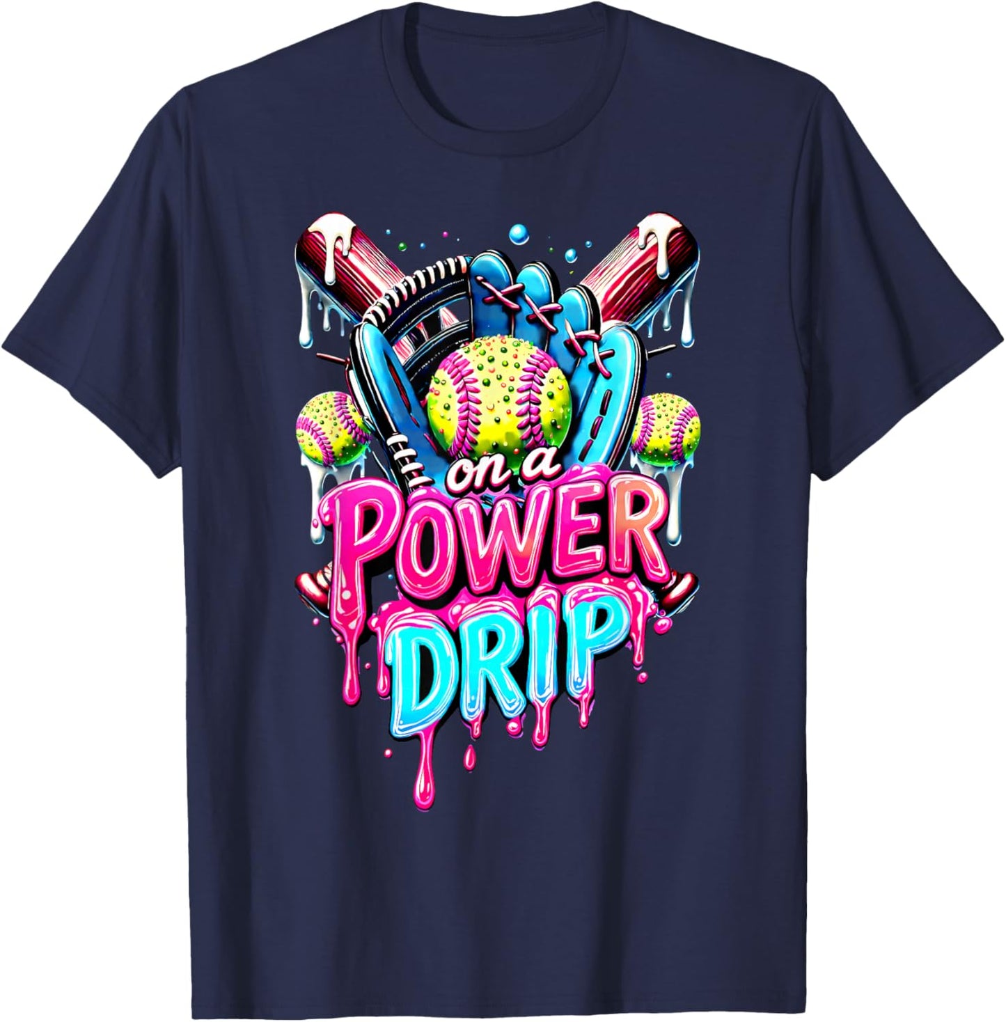 On A Power Drip Softball Ice Cream Dripping With Sprinkles T-Shirt - T-Shirt | Navy