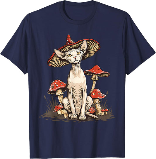 Sphynx Cat Cottagecore Aesthetic Mushroom Hat T-Shirt - T-Shirt | Navy