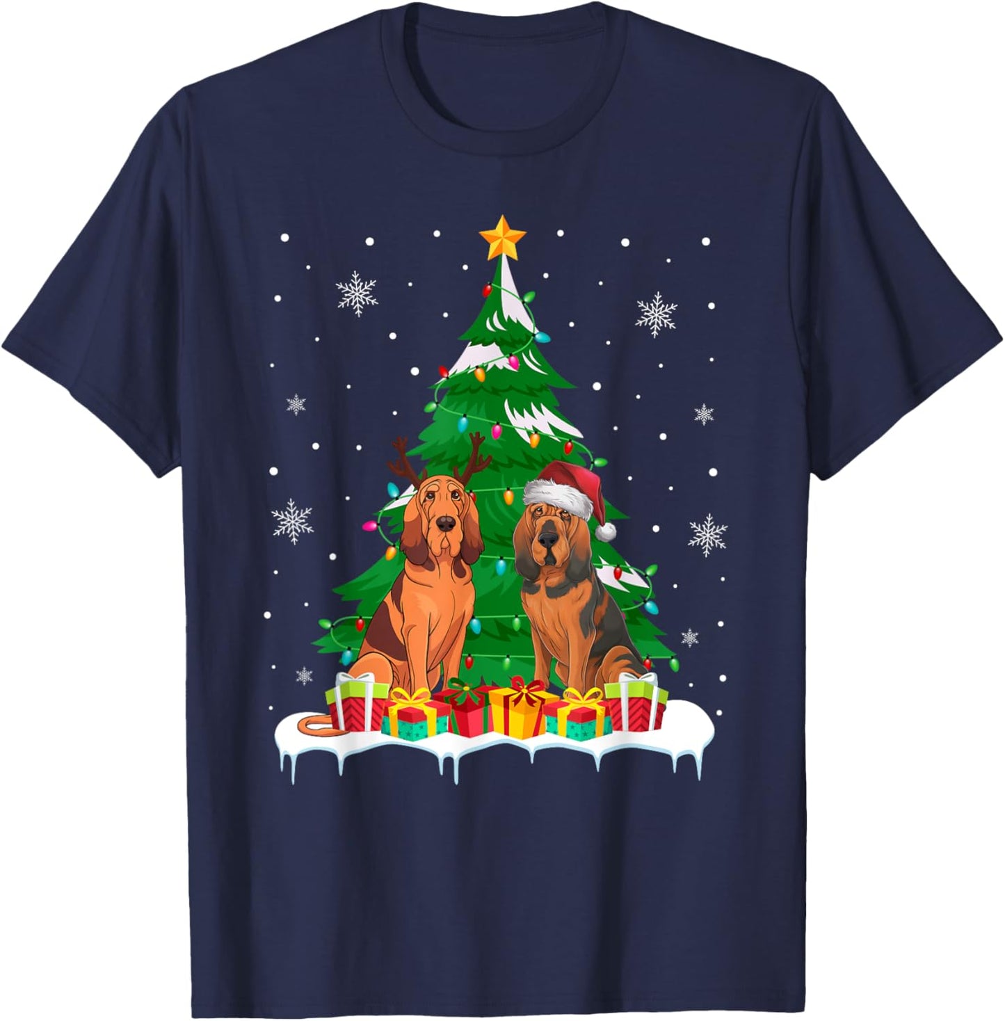Bloodhound Dog Christmas Tree Lights Santa Reindeer Xmas PJs T-Shirt - T-Shirt | Navy