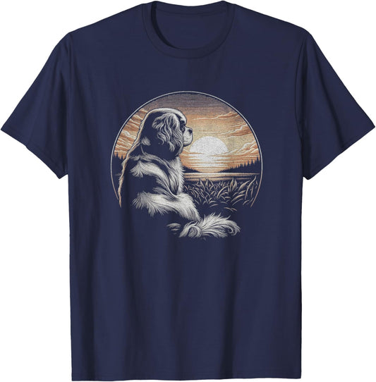 Vintage Cavalier King Charles Spaniel Retro Scene Design T-Shirt - T-Shirt | Navy