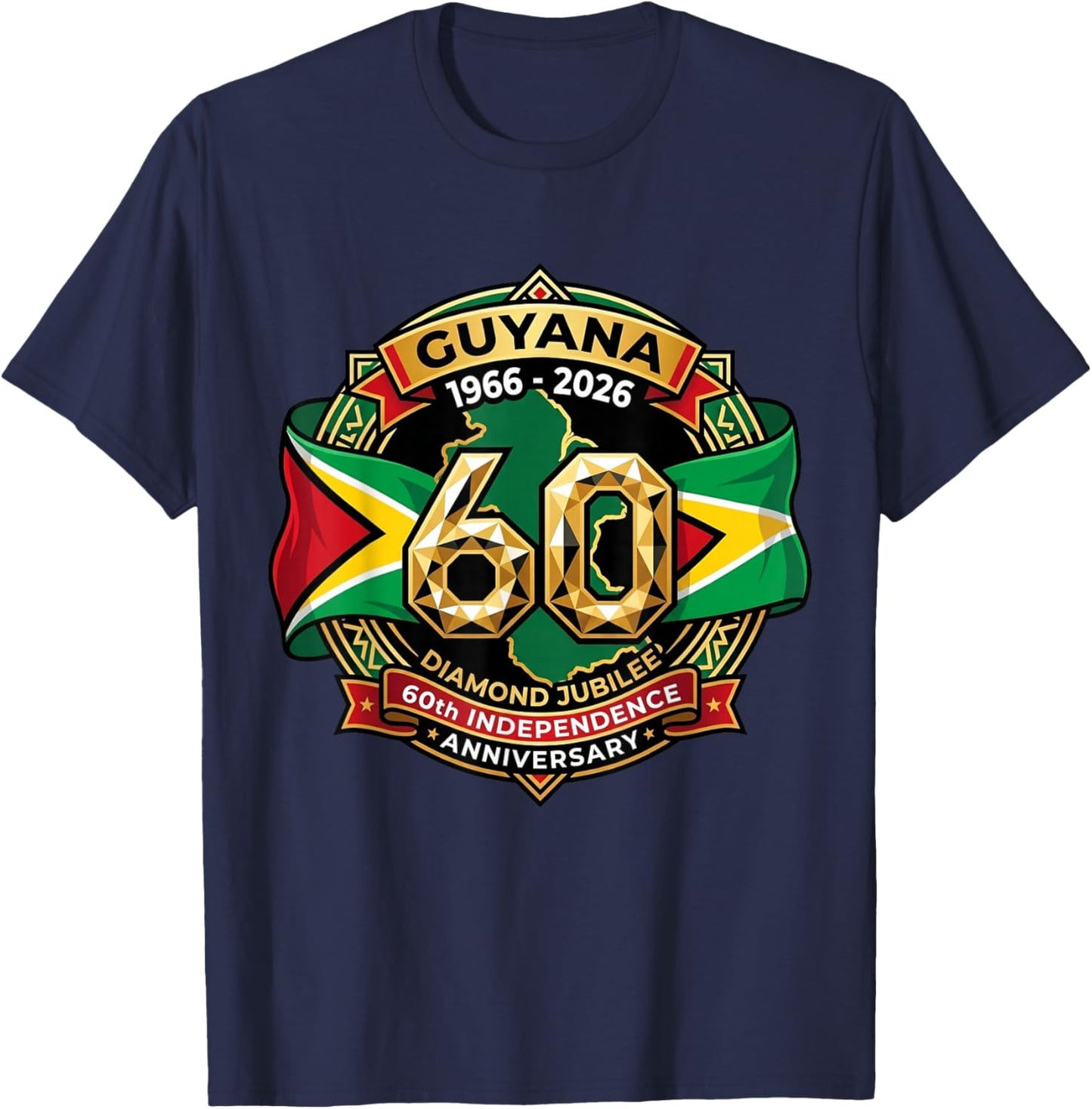 Celebrating 60 Years of Independence Guyana Diamond Jubilee T-Shirt - T-Shirt | Navy
