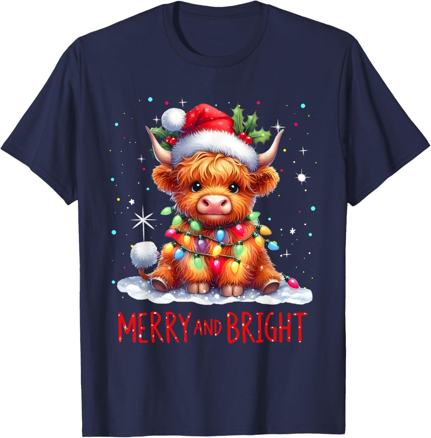 Cute Highland Baby Cow Christmas Lights Merry & Bright Xmas T-Shirt - T-Shirt | Navy