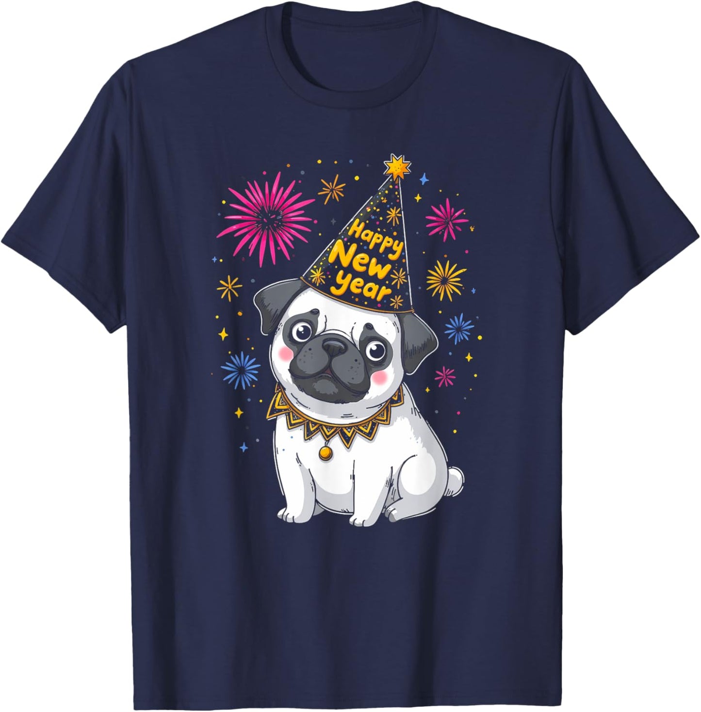Happy New Year 2025 Eve Firework Dog Funny Pug Dog T-Shirt - T-Shirt | Navy