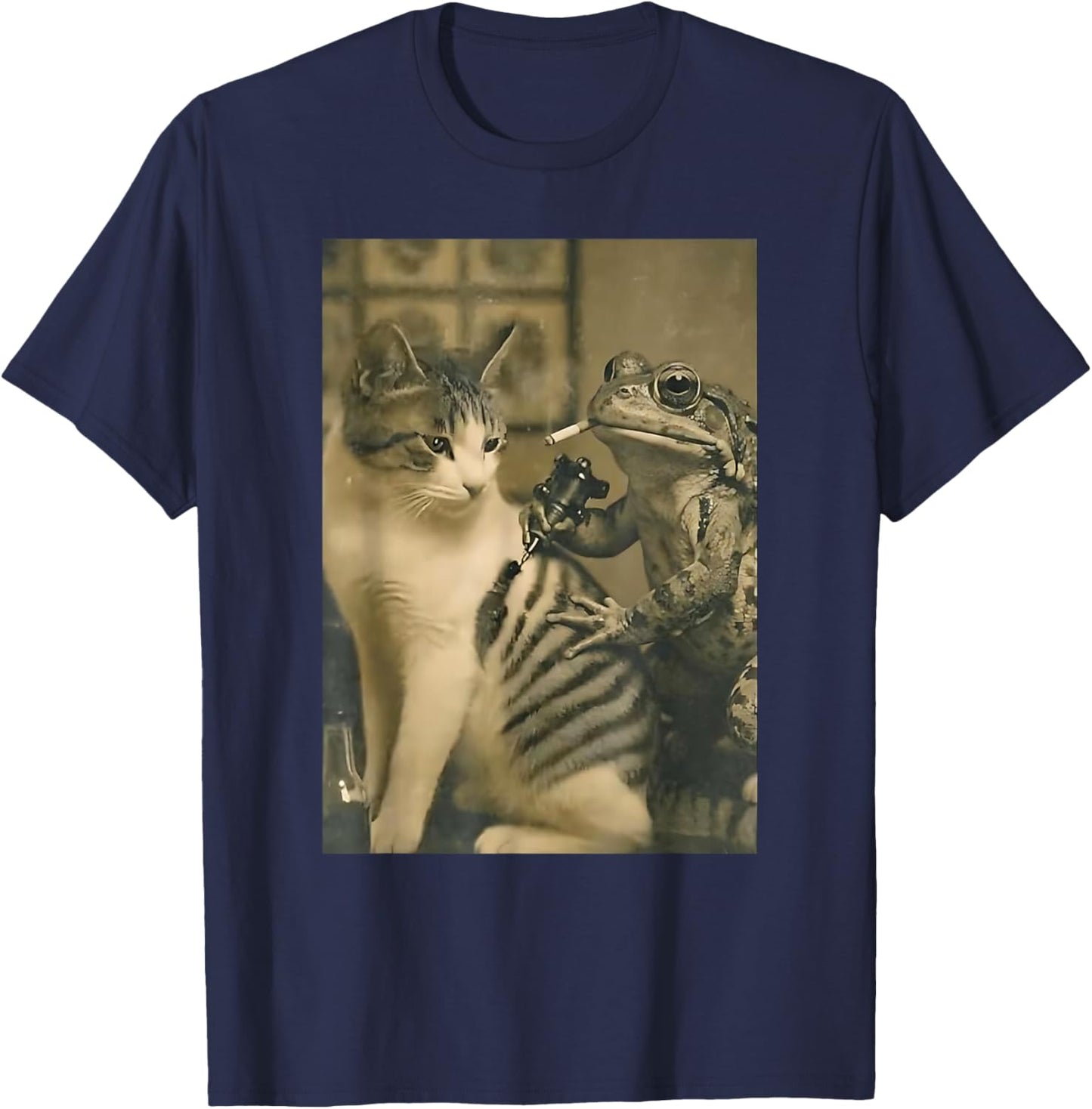 Vintage Cat Tattoo Frog Ink Artist Funny Meme T-Shirt - T-Shirt | Navy