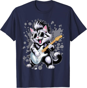 Rock Playing Animals Rocking Guitar Designs Cat Music T-Shirt - T-Shirt | Navy