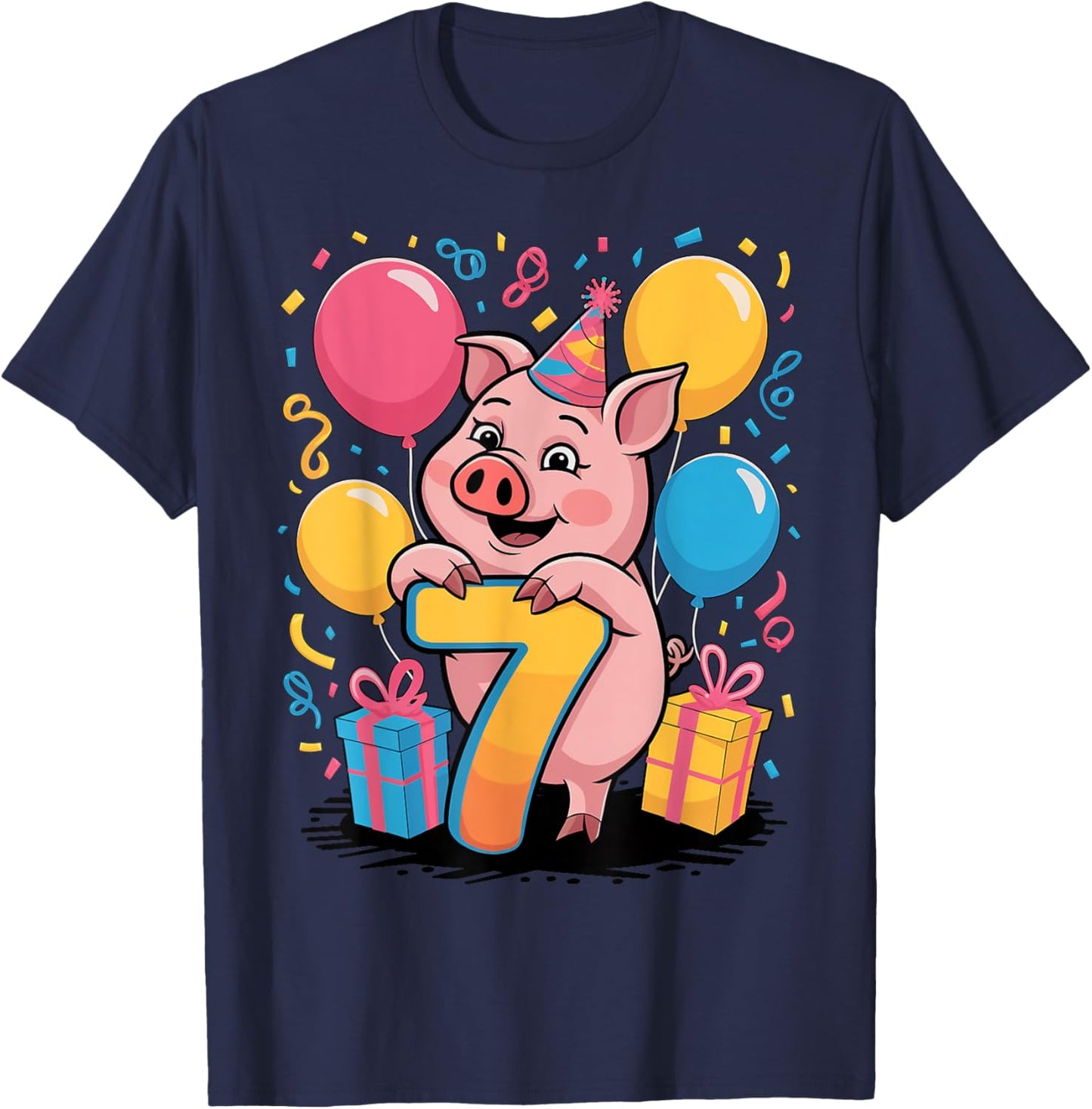 Pig 7th birthday for boy girl 7 years old seventh seven Pig T-Shirt - T-Shirt | Navy