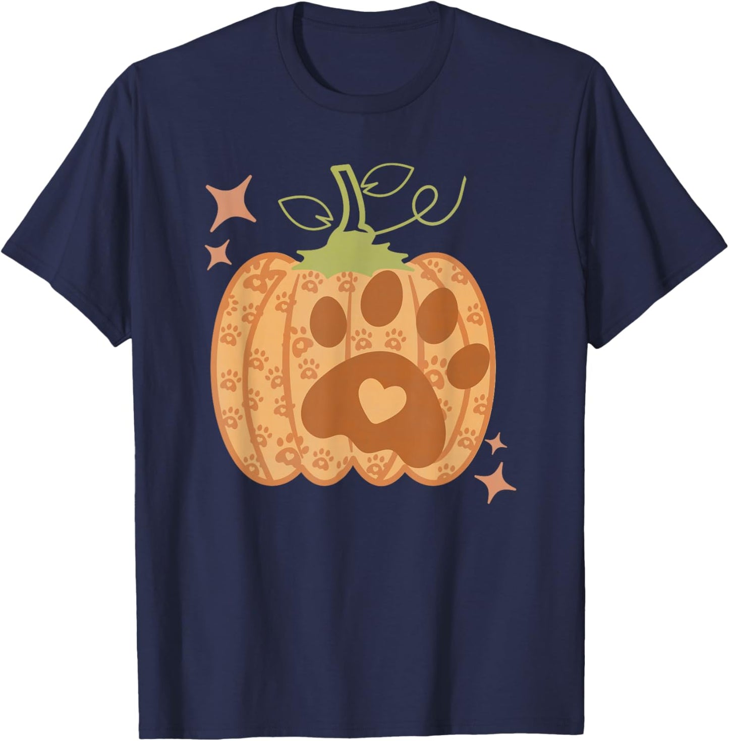 Pumpkin Dog Paw Print Autumn Cute Falling Men Women Kids T-Shirt - T-Shirt | Navy