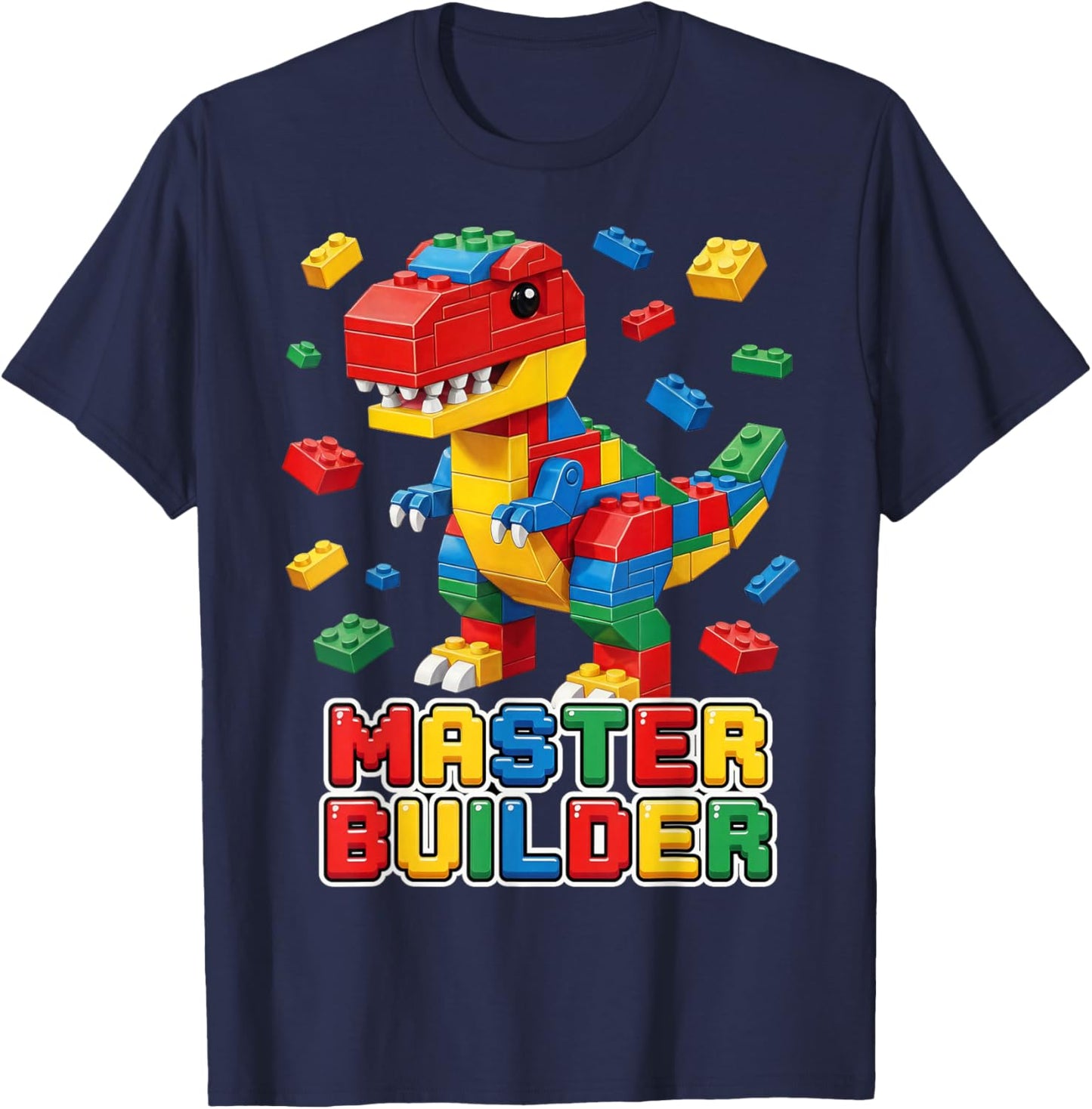 Trex Master Builder Kids Boys Building Bricks T Rex Dinosaur T-Shirt - T-Shirt | Navy