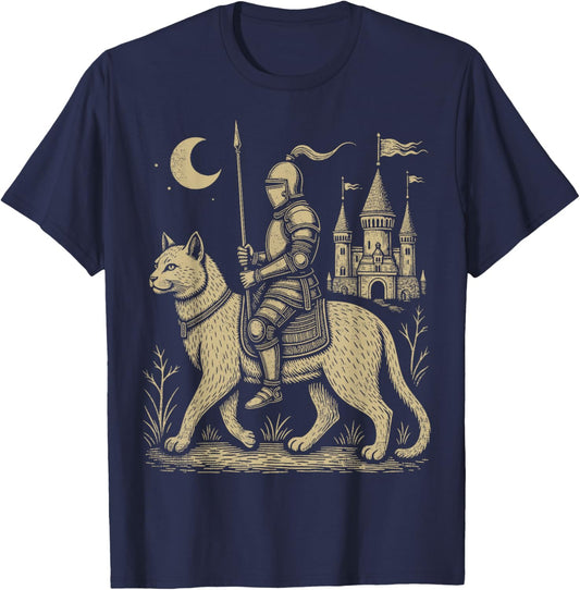 Weird Medieval Cat Middle Ages Armored Knight Riding Cat T-Shirt - T-Shirt | Navy