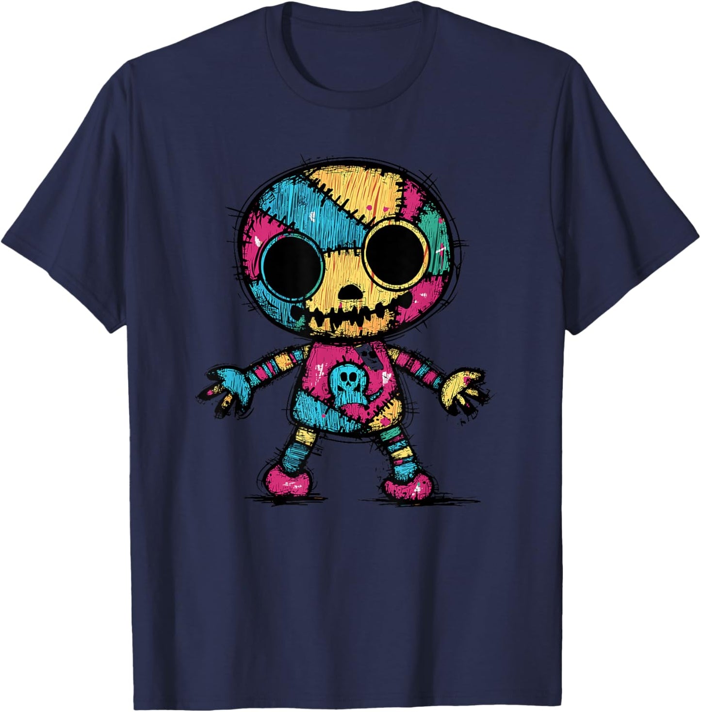 Colorful Skull Patchwork Skeleton Art T-Shirt - T-Shirt | Navy