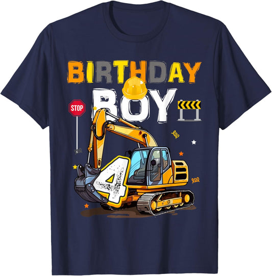 4th Birthday Boy 4 Years Old Excavator Four Decorations T-Shirt - T-Shirt | Navy
