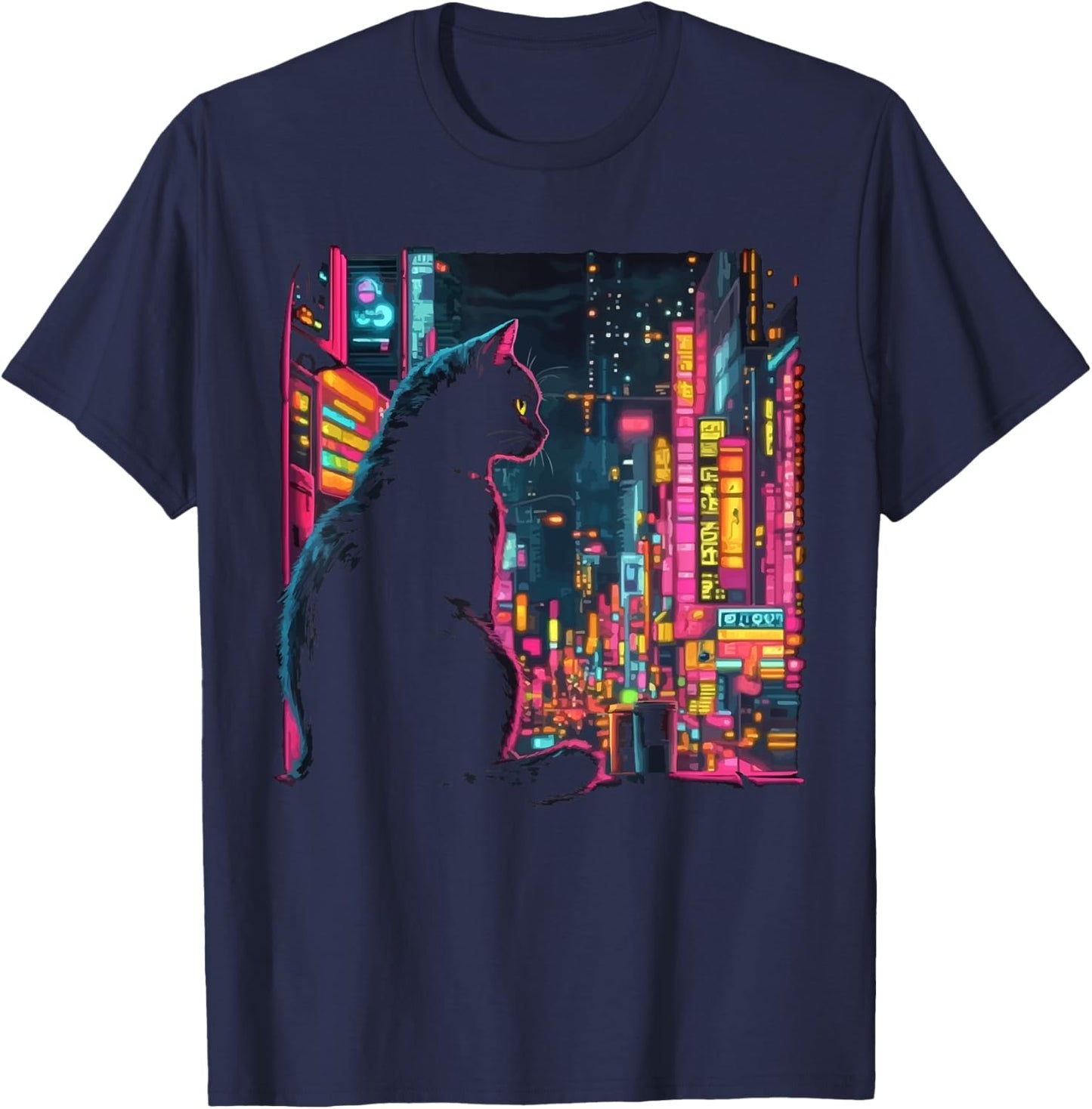 Cyberpunk Cat Kitty Meow Animal Pet Future Science Fiction T-Shirt - T-Shirt | Navy