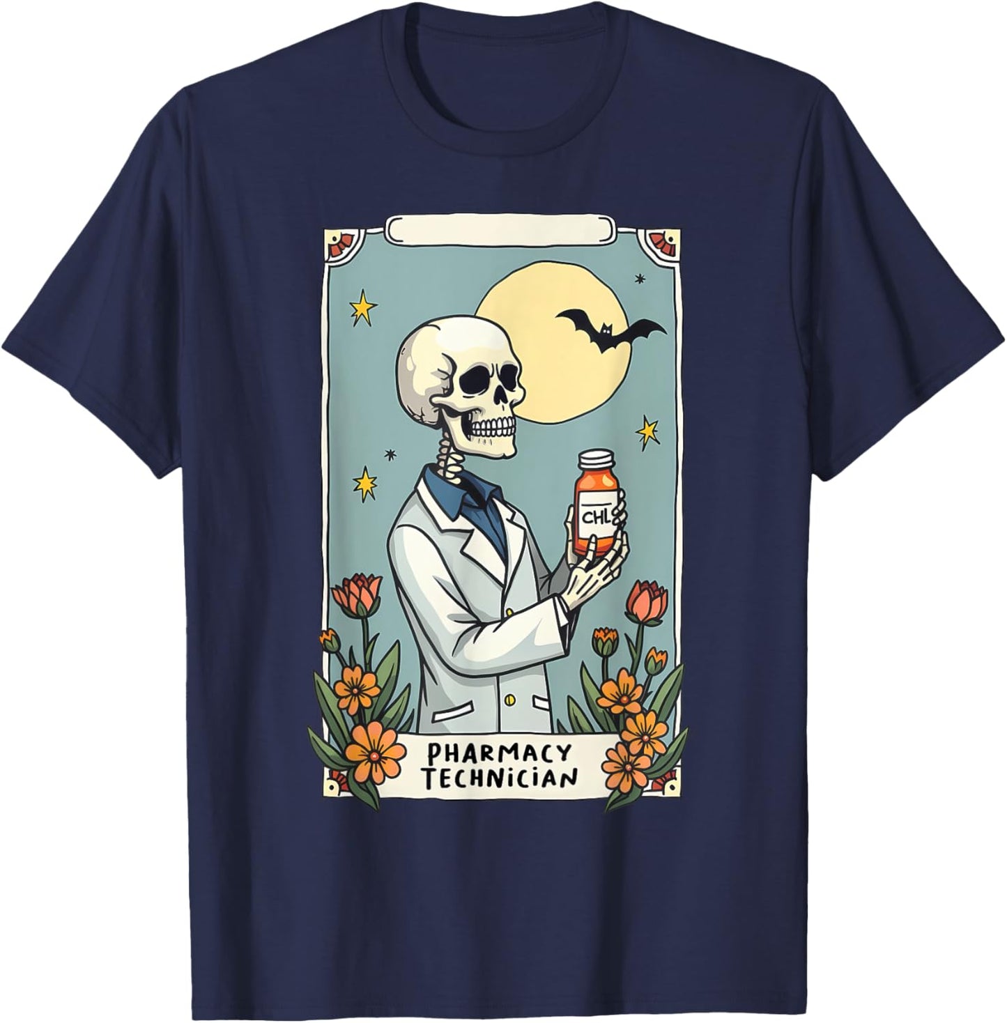 Floral Skeleton Skeleton Tarot Card Pharmacy Technician T-Shirt - T-Shirt | Navy