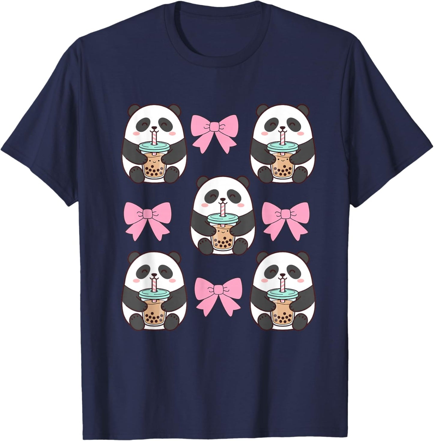 Cute Coquette Panda Pink Bows Drinking Boba Bubble Tea T-Shirt - T-Shirt | Navy