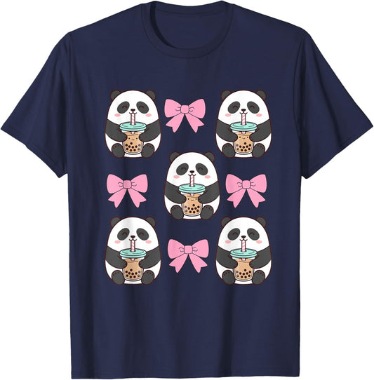 Cute Coquette Panda Pink Bows Drinking Boba Bubble Tea T-Shirt - T-Shirt | Navy