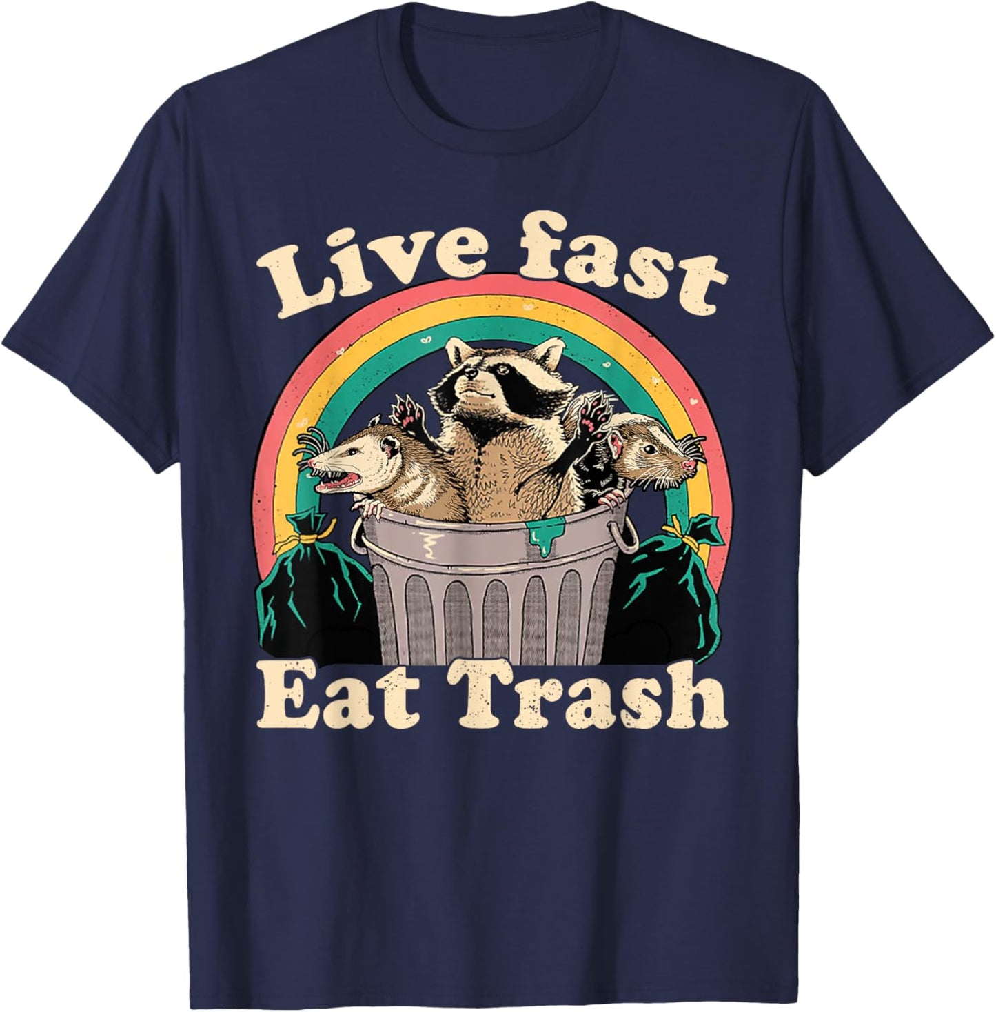 Opossum Raccoon Skunk Live Fast Eat Trash Street Cats Squad T-Shirt - T-Shirt | Navy