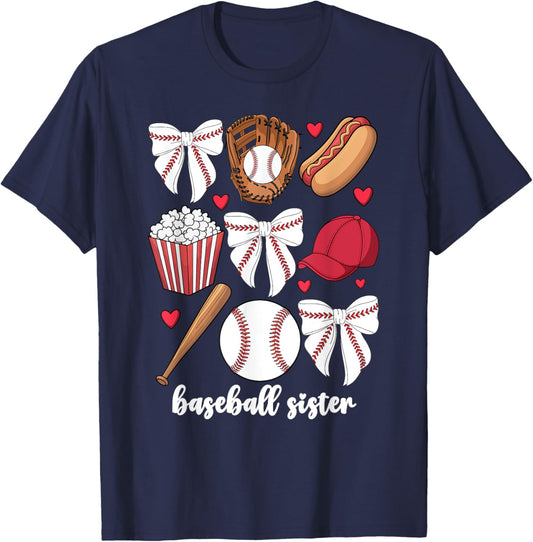 Baseball Sister Coquette Bow Baby Girls Baseball Sis Sibling T-Shirt - T-Shirt | Navy