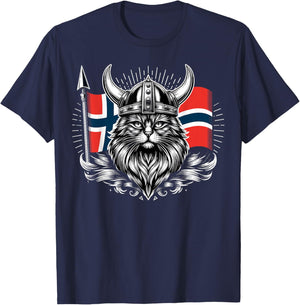 Viking Cat Norwegian Norway Flag Cat T-Shirt - T-Shirt | Navy