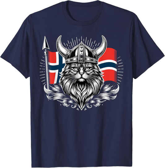 Viking Cat Norwegian Norway Flag Cat T-Shirt - T-Shirt | Navy