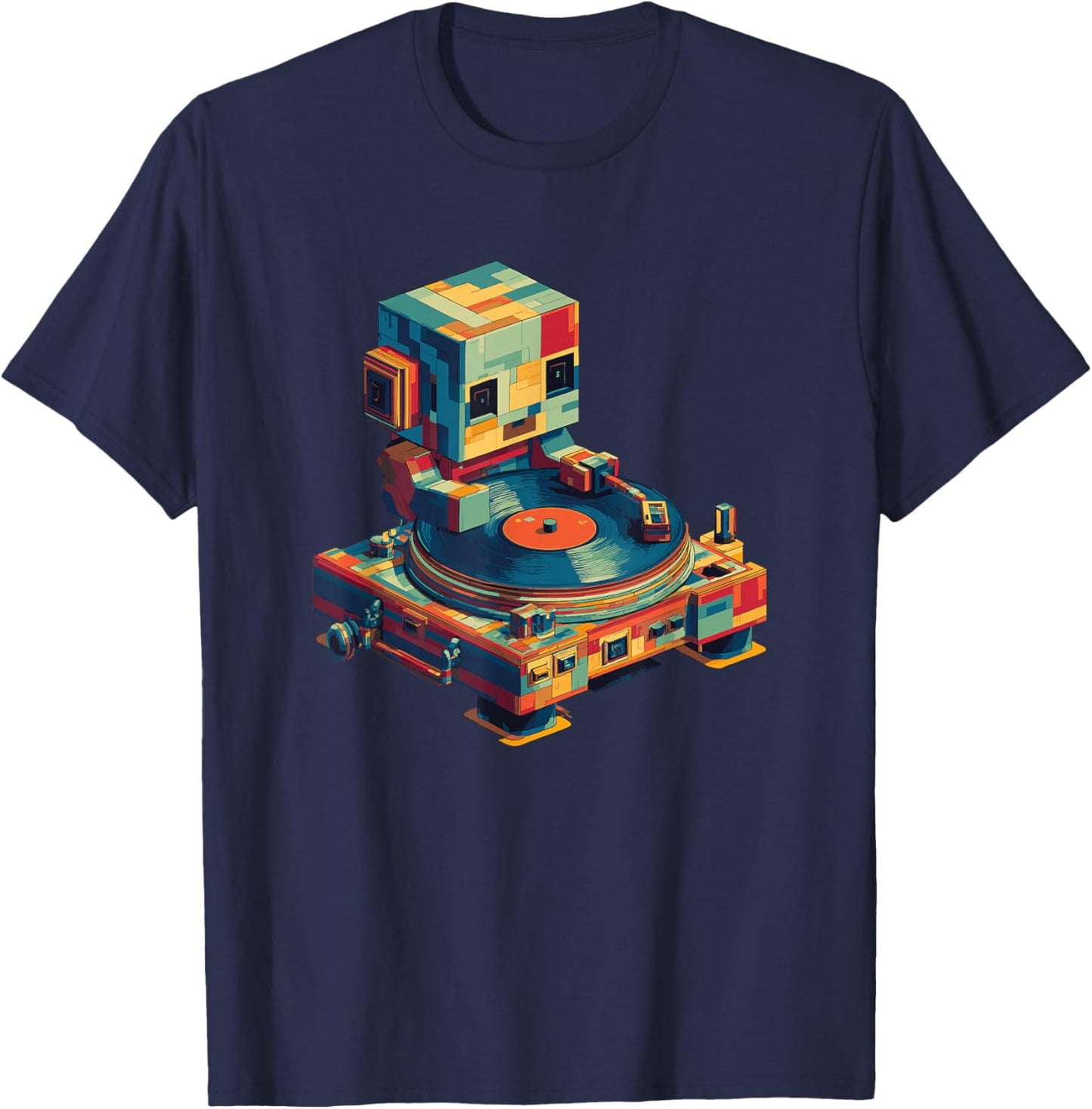 Cute DJ Robot with Retro Turntable T-Shirt - T-Shirt | Navy