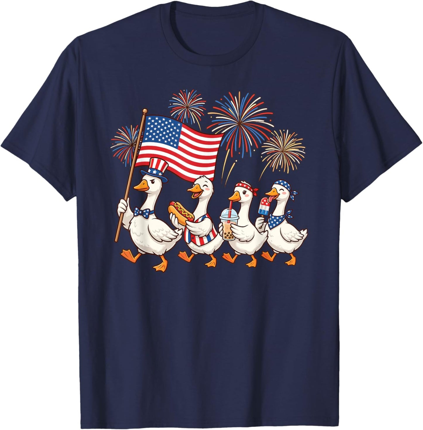 Funny Patriotic Goose Squad Celebrating 4th of July Cute T-Shirt - T-Shirt | Navy