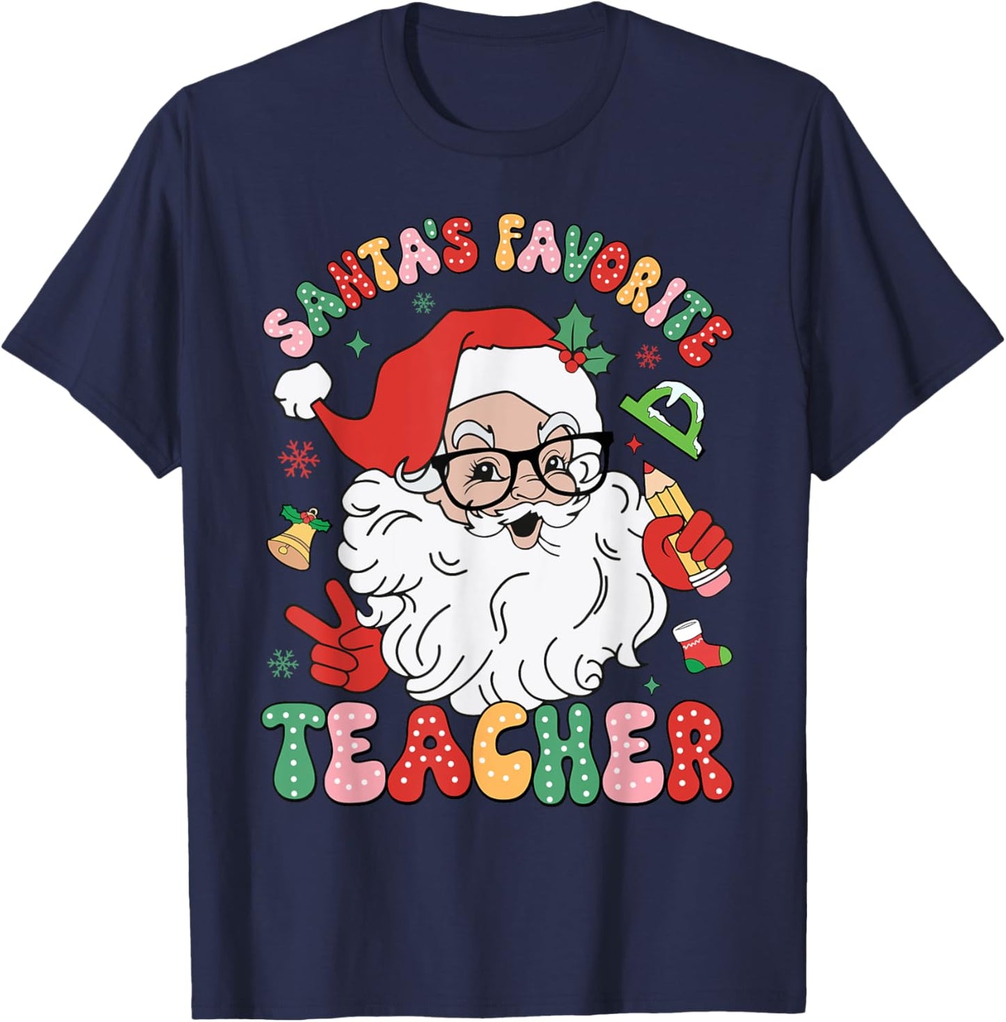 Santa Favorite Teacher Groovy Christmas Teacher Boys Girls T-Shirt - T-Shirt | Navy