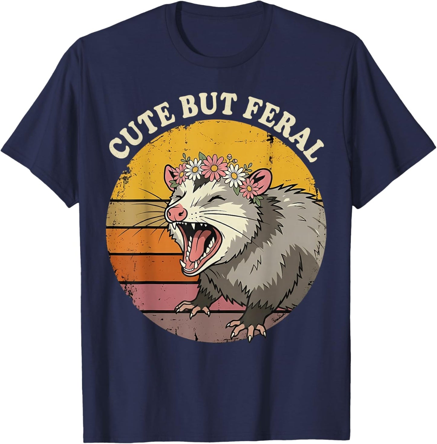 Cute But Feral Screaming Opossum Flower Crown T-Shirt - T-Shirt | Navy