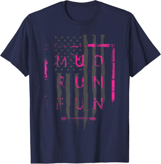 Mud Run Fun USA Flag Pink Mudder Trail Running and Mudding T-Shirt - T-Shirt | Navy