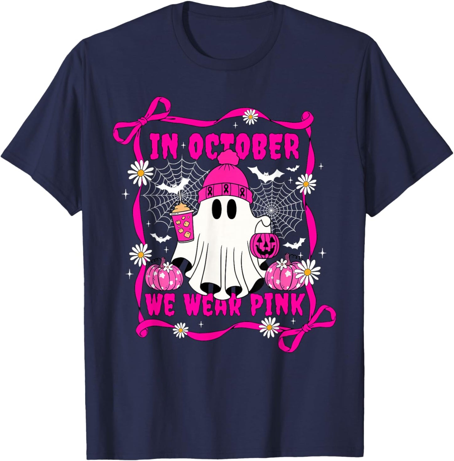 We Wear Pink in October Cute Ghost Breast Cancer Awareness T-Shirt - T-Shirt | Navy