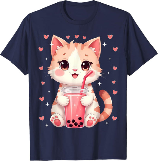 Cat Boba Tea Bubble Tea Anime Girls Women Kawaii Neko Lover T-Shirt - T-Shirt | Navy