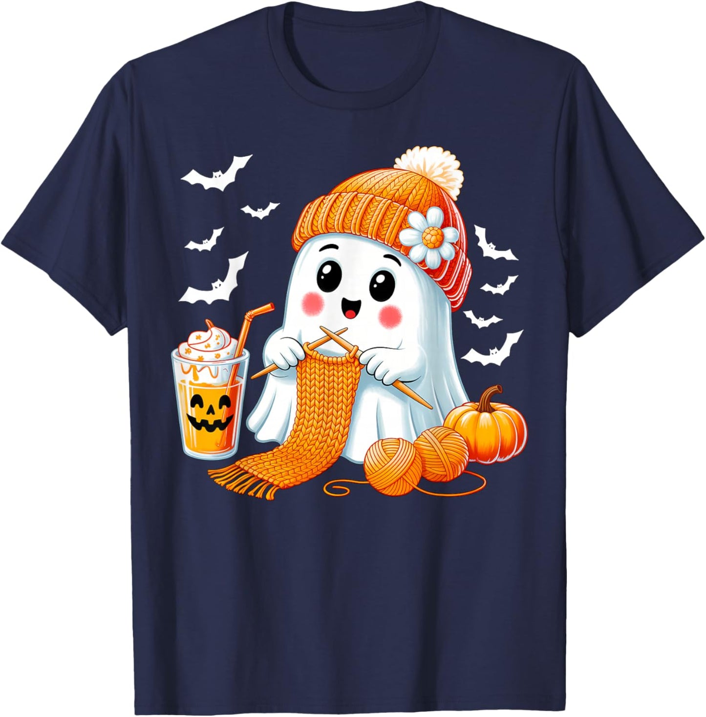 Ghost Crochet Crocheting Knitting Coffee Women Halloween T-Shirt - T-Shirt | Navy