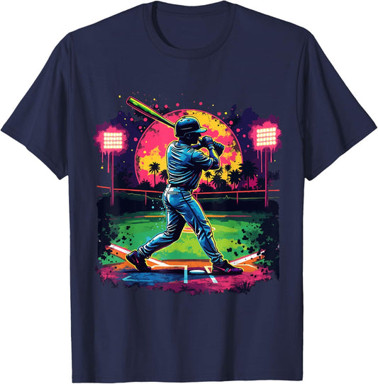 Baseball Batter Art with Retro Sunset and Palm Trees T-Shirt - T-Shirt | Navy