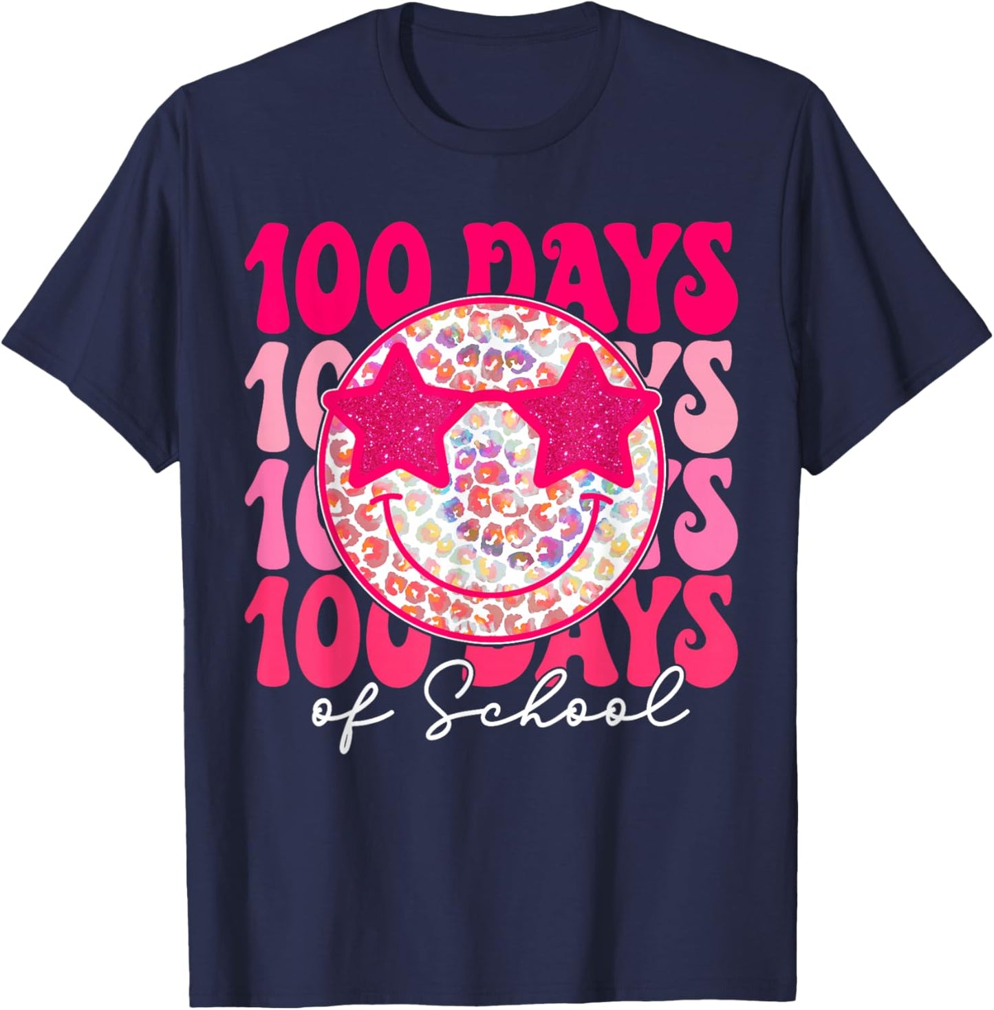 Retro Smile Face Pink Groovy Happy 100 Days of School Girls T-Shirt - T-Shirt | Navy