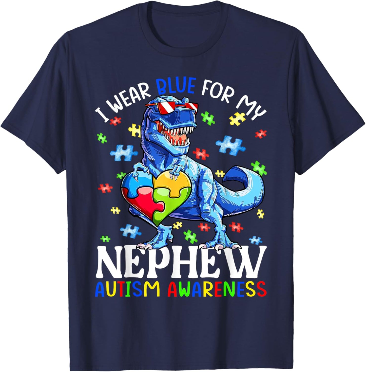 I Wear Blue For My Nephew Autism Awareness Dinosaur Boys T-Shirt - T-Shirt | Navy