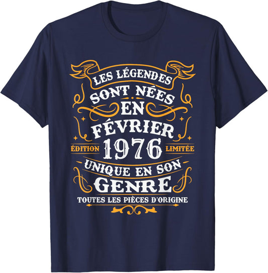 Vintage Birthday Gift 50 Years Born in February 1976 T-Shirt - T-Shirt | Navy