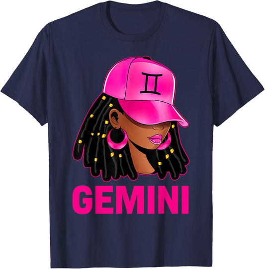 Gemini Queen Loc'd Hair Black Woman Cap Zodiac Sign T-Shirt - T-Shirt | Navy