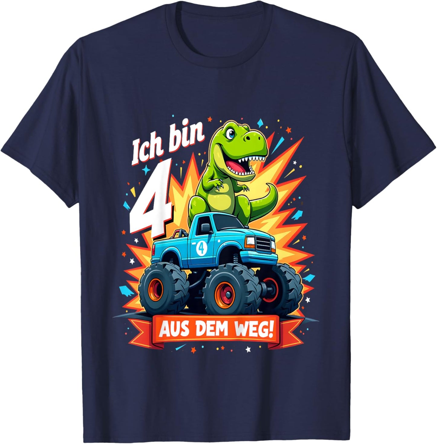 Kinder Ich bin 4 Dinosaurier Monstertruck Kindergeburtstag T-Shirt - T-Shirt | Navy