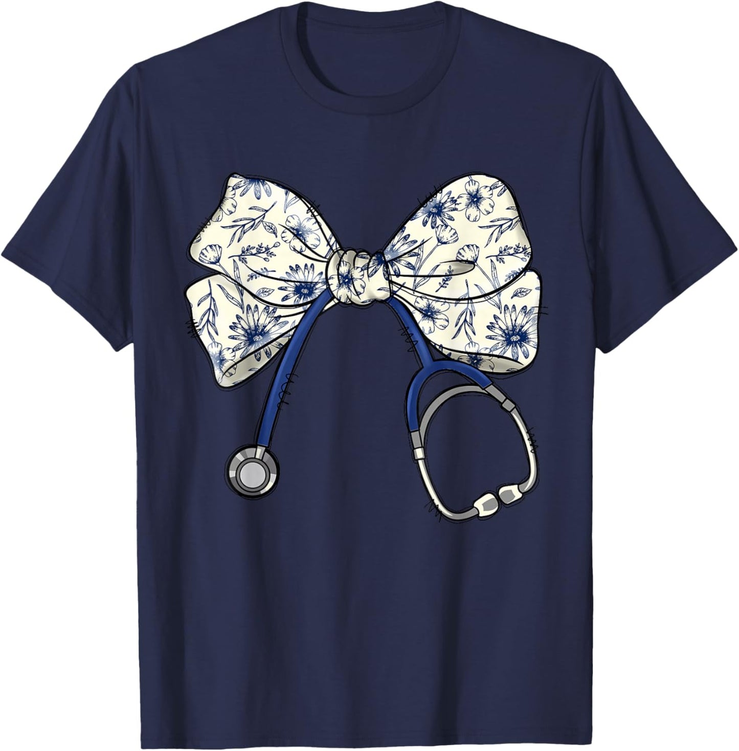 Floral Blue Coquette Bow Nurse Stethoscope Nursing Doctor T-Shirt - T-Shirt | Navy