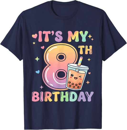 It's My 8th Birthday Cute Bubble Boba Tea 8 Year Old Girls T-Shirt - T-Shirt | Navy