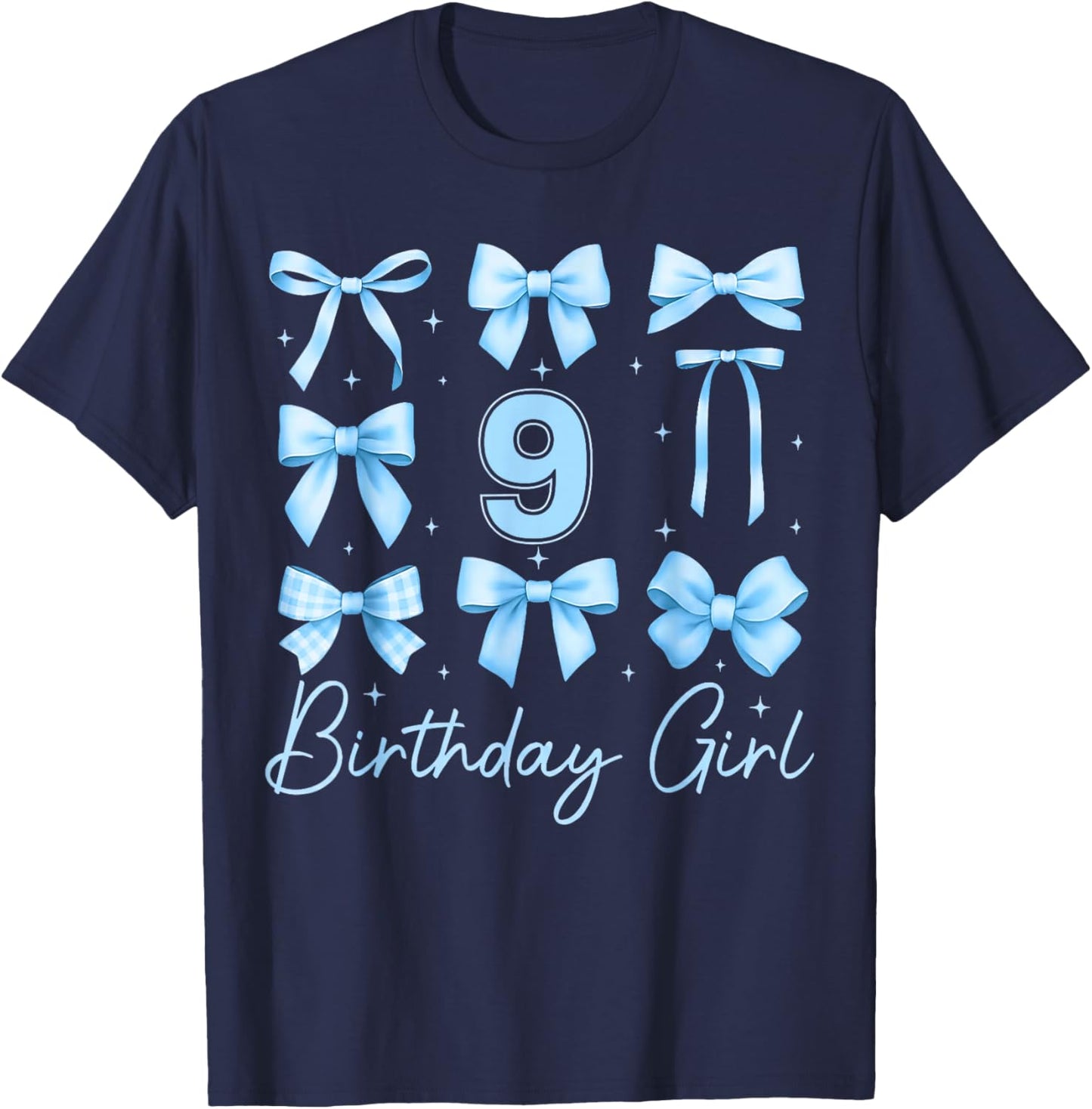 Cute 9th Birthday Girl Blue Coquette Bow 9 Year Old T-Shirt - T-Shirt | Navy