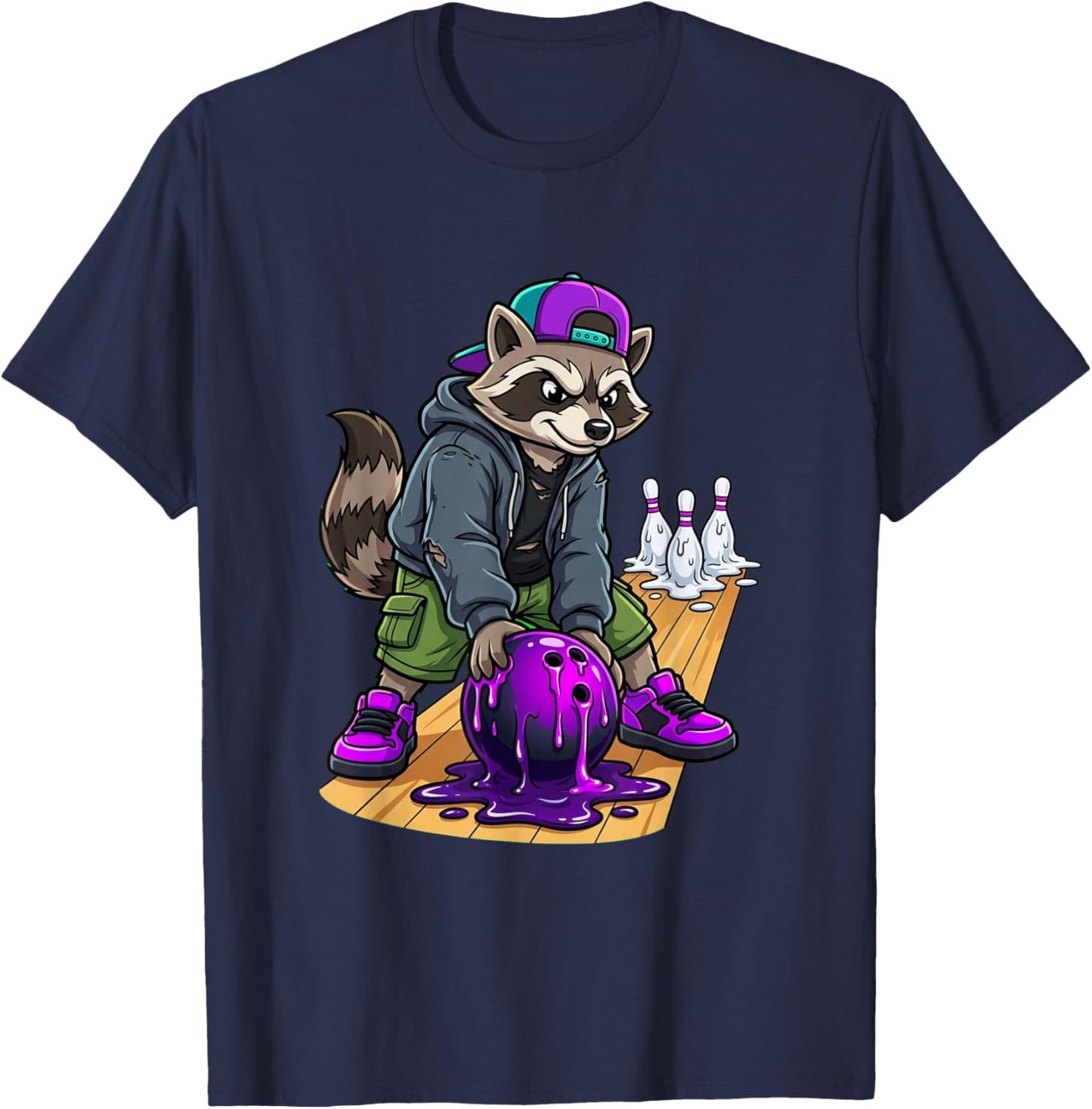 Funny Bowling Raccoon Shirt Melting Pins Bowler Trash Panda T-Shirt - T-Shirt | Navy